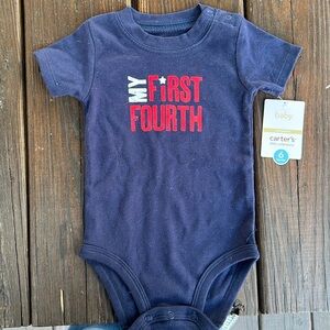 Unisex onesie, six months, Fourth of July, snaps at shoulder and at crotch, navy